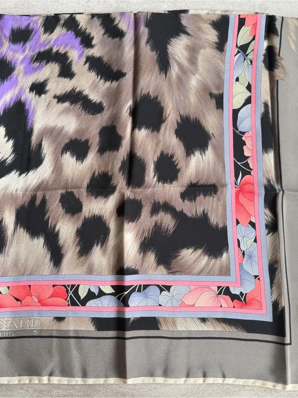 Leonard vintage silk scarf -Print Faux Fur Scarf with Purple Accent - Silk